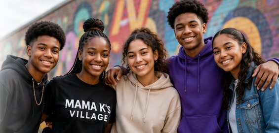 A group of five Mama K's Village youth smiling together in front of a colorful mural