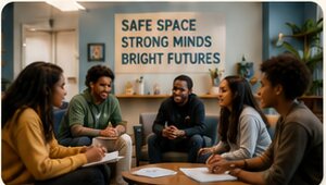Youth and mentors talking together in a community room